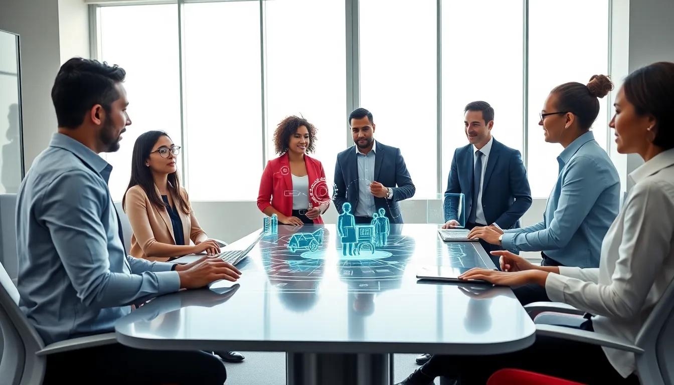diverse professionals collaborating around advanced technology in a modern office.